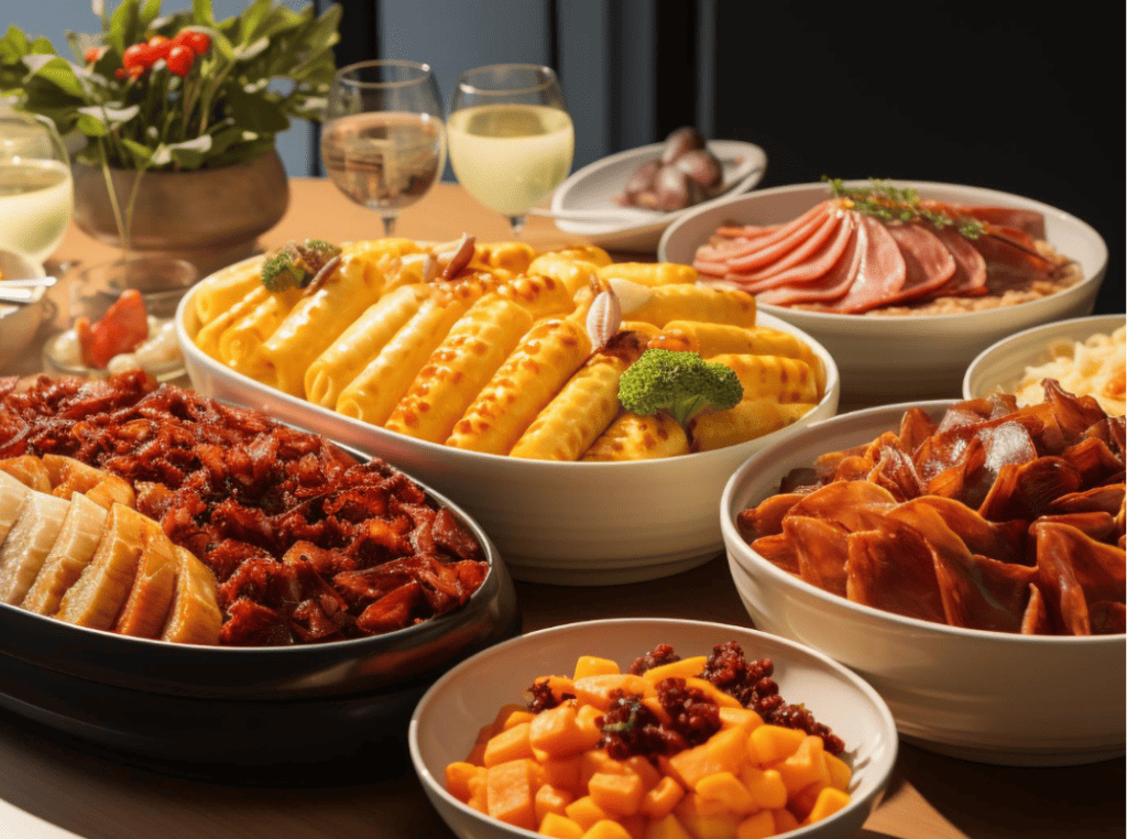 Buffet meal presented beautifully on a nice table